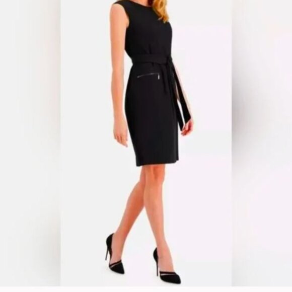 NWT Kasper Black Sleeveless Gold Zip Pockets Belted Sheath Midi Dress Size 10 - Picture 3 of 5